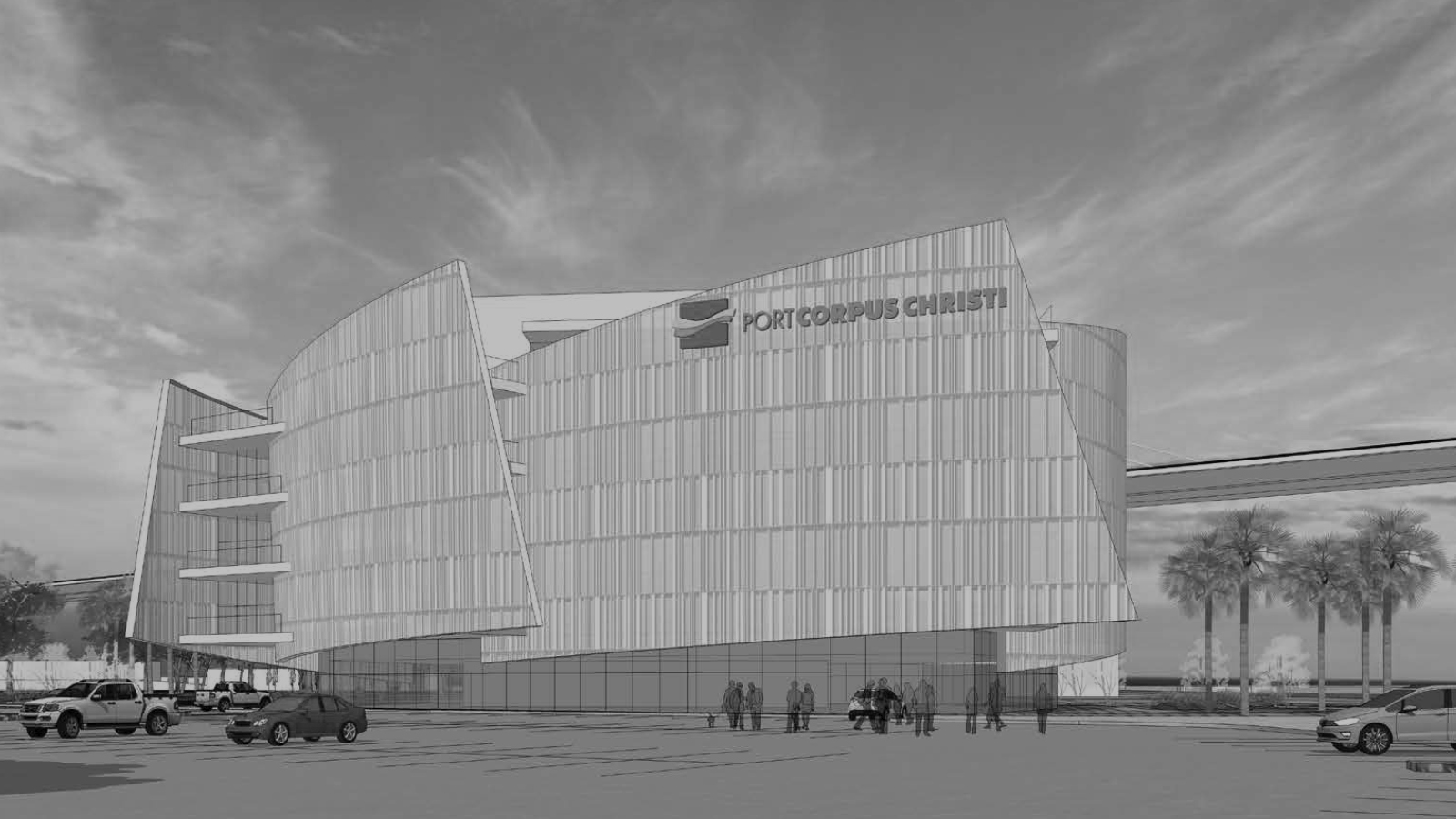 stylized, B&W photo of GENSLER - ADMINISTRATION OFFICE FOR THE PORT OF CORPUS CHRISTI